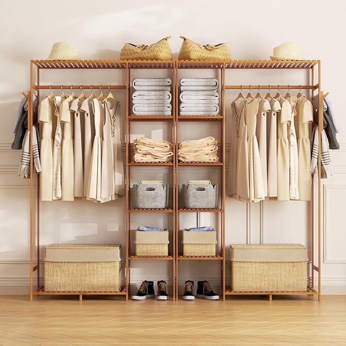 Athena Collection 35" Bamboo Garment Rack Multi Tier Clothes Rack Storage Shelves with Side Hooks & Pants Rack, Heavy Duty Clothing Hanging Rack Freestanding Indoor Wardrobe Closet Organizer, Brown