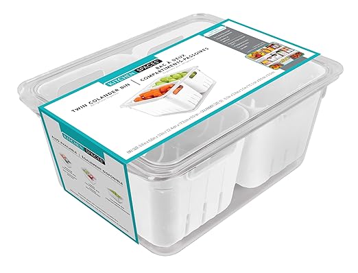 Kitchen Spaces Twin Colander Stackable Food Storage Organizer for Fridge, Freezer, and Pantry, 8.8" x 6.8" x 3.9", Blue