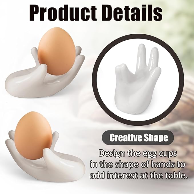4 Pcs Creative Ceramic Egg Stands, Porcelain Egg Holders Hand Shaped Egg Cups Holder for Hard Boiled Eggs in Living Room, Restaurant and Dining Table for Breakfast, Display