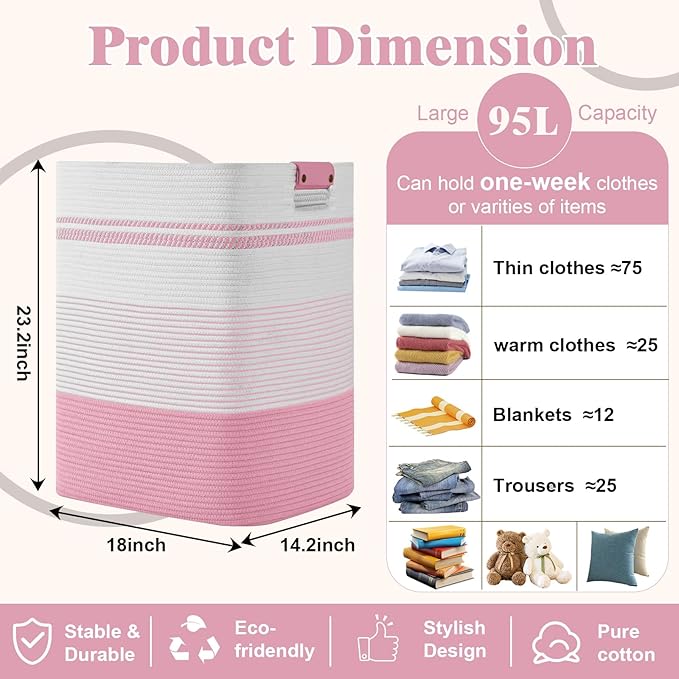 Laundry Hamper, 95L Tall Laundry Basket with Leather Handles, Rectangle Large Clothes Hamper for Organizing, Cotton Woven Laundry Baskets Storage Hampers for Bedroom, Nursery, Living Room