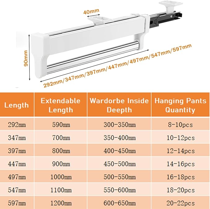 Pull Out Closet Valet Rod, Adjustable Sliding Heavy Duty Steel Top Mounted Clothes Storage Hanger Rail for Closet Wardrobe (292mm/11.5inch)