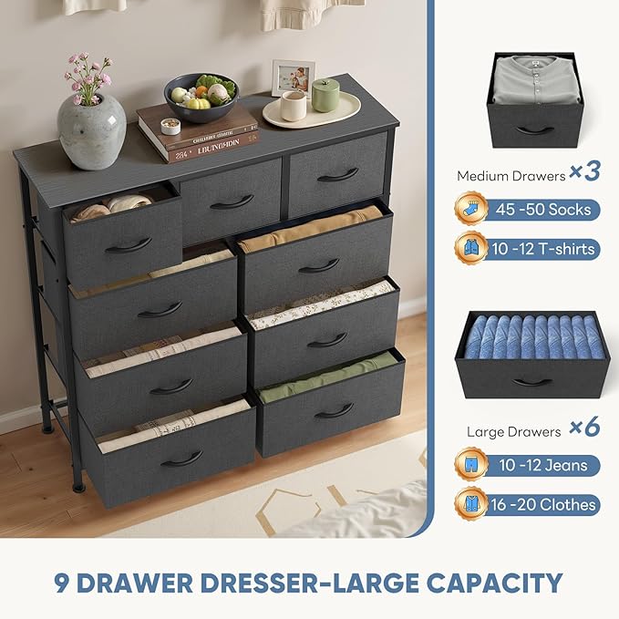DUMOS Dresser for Bedroom, Dressers & Chests of Drawers Dresser Organizer, Wood Top Table Furniture with 9 Fabric Storage Tower Unit, Chest of Drawers for Closet, Living Room, Hallway, Porch