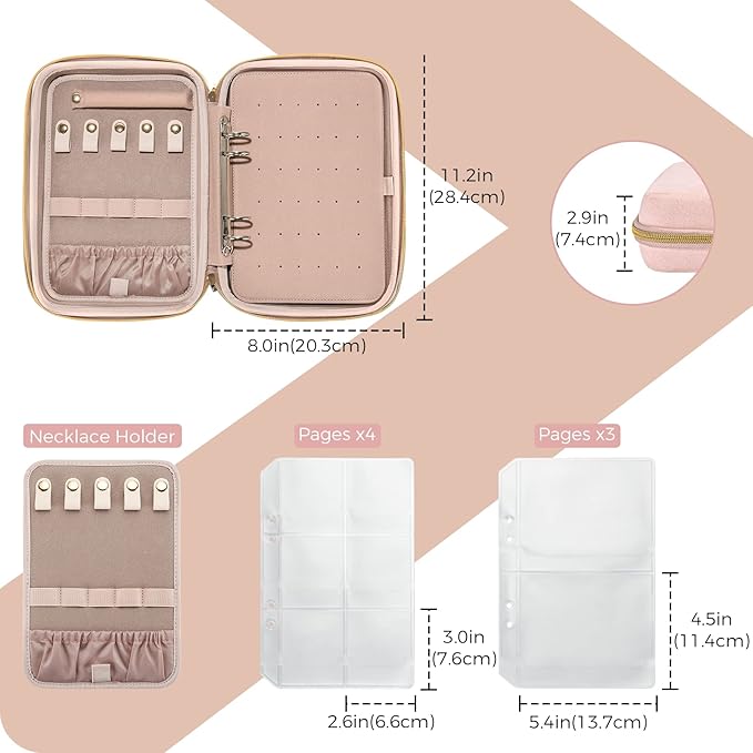 ProCase Large Travel Jewelry Organizer Case, Jewellery Home Storage Book Ring Binder with Clear Pockets for Presentation, Zippered Pouch Bag for Earrings Necklaces Bracelets -Pink