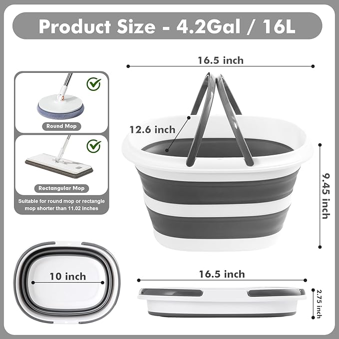 Collapsible Mop Bucket with Handles 4.2 Gallon Foldable Tub for Cleaning Large Silicone Pop Up Buckets Portable Collapse Camping Car Wash Basket for Space-Saving Storage