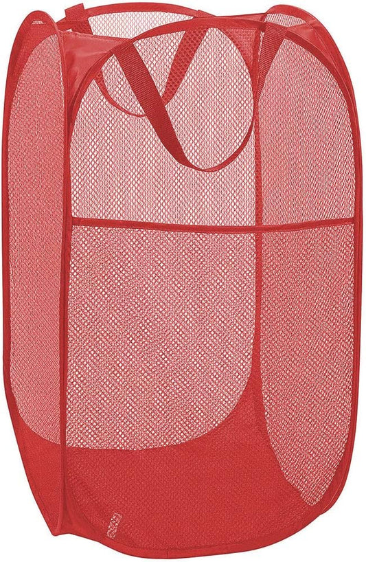 Larpur Popup Mesh Laundry Basket, Collapsible and Portable Clothes Washing Laundry Hamper with Reinforced Carry Handle (Red)