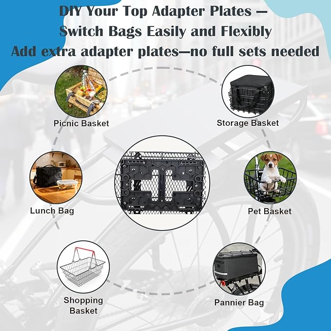 Quick-Release Bike Adapter Plate Set with Lock, Universal Fit for Rear Luggage Carrier Plate, Modular Mounting System for Bags, Crates, Pets, Commuter & Delivery Use