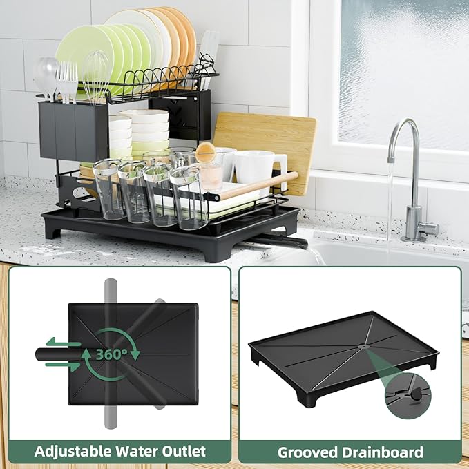 2-Tier Dish Rack with Drainboard: Large Capacity Anti-Rust Kitchen Counter Organizer with Cup, Utensil & Cutting Board Holders, Heavy Duty Dish Drying Rack, Black