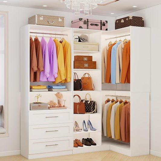 Closet System with 3 Drawers, Corner Closet Organizer Systems with 7 Shelves & 5 Hanging Rods L-Shaped Walk in Closet Freestanding Corner Tower Modular Storage System 2 Sets 1400+ Lbs Capacity White