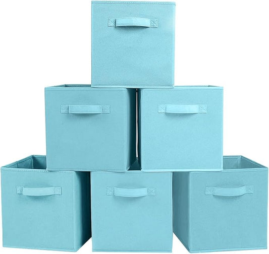 PowerKing Collapsible Storage Cubes with Handles, Fabric Foldable Bins for Closet Shelves, Durable Organization Storage Bins, 10.5'' x 11'' x 10.5'', 6 Pack, Blue
