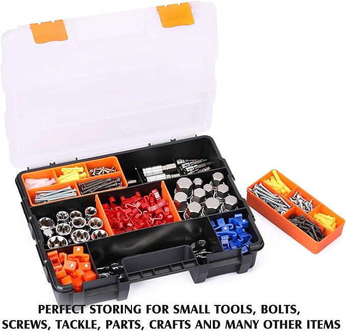 MIXPOWER 4 Piece Set Toolbox Hardware & Parts Organizers, Versatile and Durable Storage, Customizable Removable Plastic Dividers, storage and carry, Black/Orange