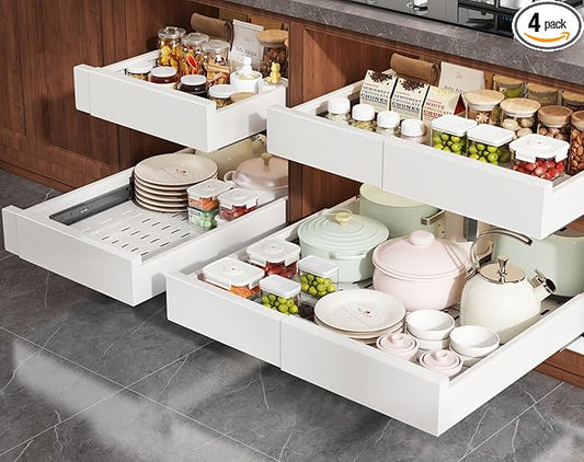 Seinloes 4 Pack Pull Out Cabinet Organizer Expandable Width(13"-21") and Depth(17"-24"),Slide Out Drawers With Raising Pad for Framed Cabinets,No Drill Roll Out Shelves for kitchen,Bathroom,White