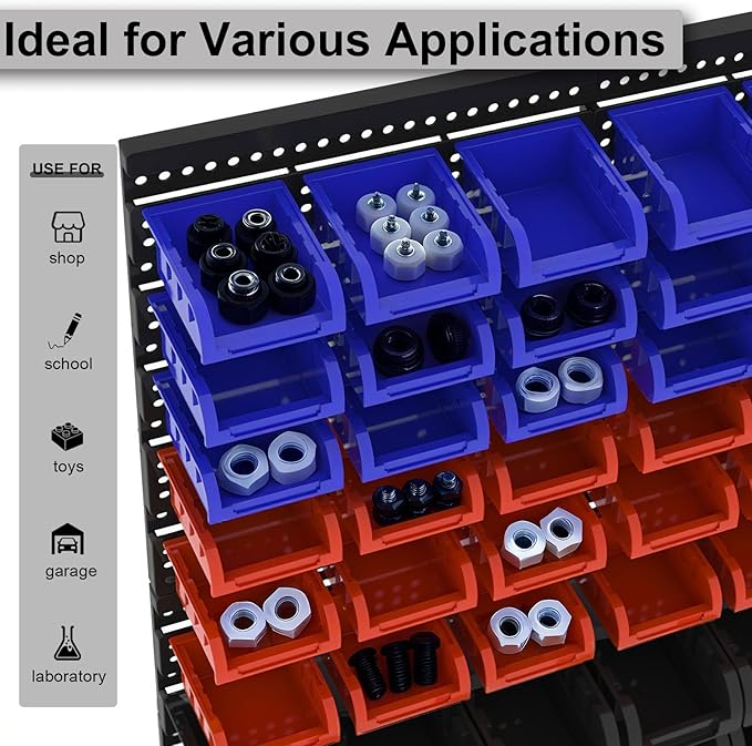 Wall Mounted Storage Bins, Nut and Bolt Organizer, Plastic Bolt Bin, Screw Organizer, Storage Bins for Garage (RED+BLUE+BLACK, EXTRA LARGE(90PCS))