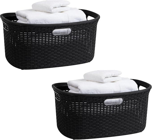 Mind Reader 40L Laundry Basket, Clothes Hamper, Premium Wicker Design, Plastic, Set of 2, Black