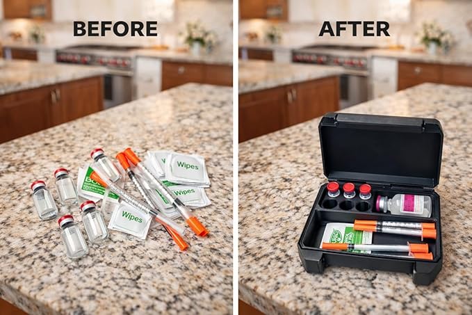 6-Slot 3ml Vial Storage Case – Organizer for GLP-1, Insulin, Peptides & TRT/HRT – Holds 6 Vials (17mm x 40mm) + Syringes with Oversized Compartment – Compact Travel Case