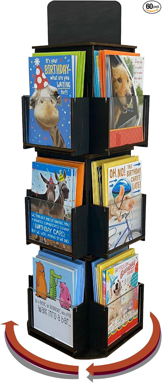 Rotating Greeting Card Display Stand, 3 Tier Wooden Organizer, 4-Sided Display Rack 360 Degree Spinning Multi-Pocket Display for Coasters, Stickers, Retail, Showcase, Tradeshow (Ebony)