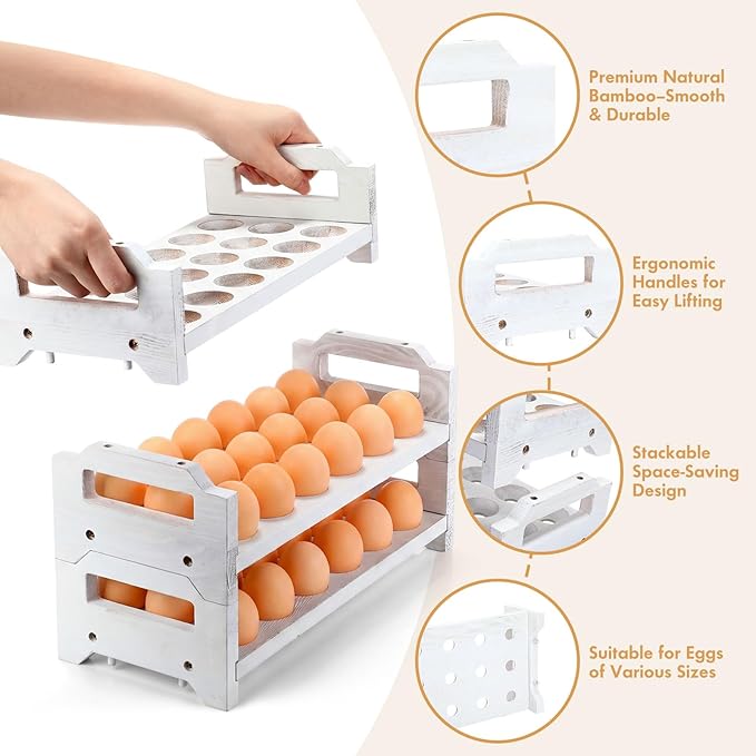 Reallnaive 4 Tier Wooden Egg Holder for Countertop, Stackable Fresh Egg Storage Farmhouse Collecting Rack for Gathering Kitchen Organizer Duck Eggs Display, Stackable with 72 Eggs (White,Pine)