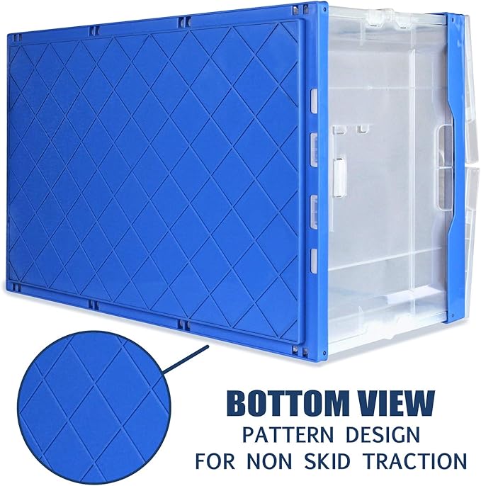 Mount-It! Collapsible Storage Bin with Attached Lid [65 Liter] Folding Crate, Durable Plastic Container, Trunk Storage, Box (23x15x13 Inches), Clear & Blue