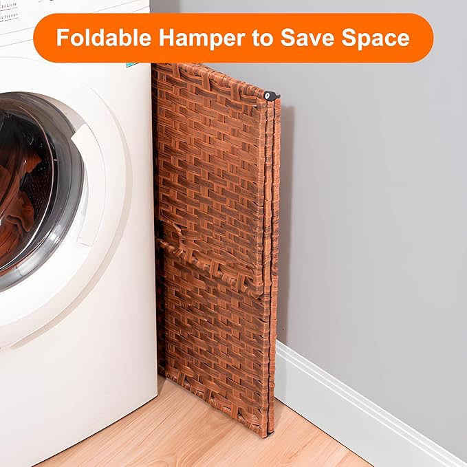 HYCHIKA Laundry Hamper with Lid and Wheels, 42.26 Gallon (160 L) Wicker Laundry Basket with Removable Bags and Handles, 2 Sections Woven Clothes Basket for Bedroom, Bathroom (27.6" * 13.4" * 26.4")