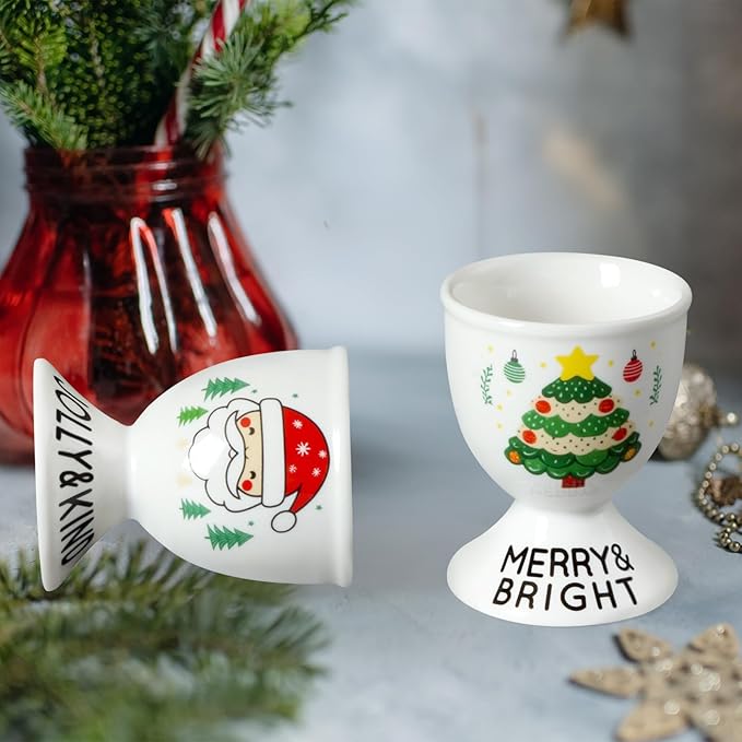 Cinf Ceramic Egg Cup Set of 2 Porcelain Holder Breakfast Boiled Cooking Easy to Clean Childhood Memories Kitchen(Christmas)