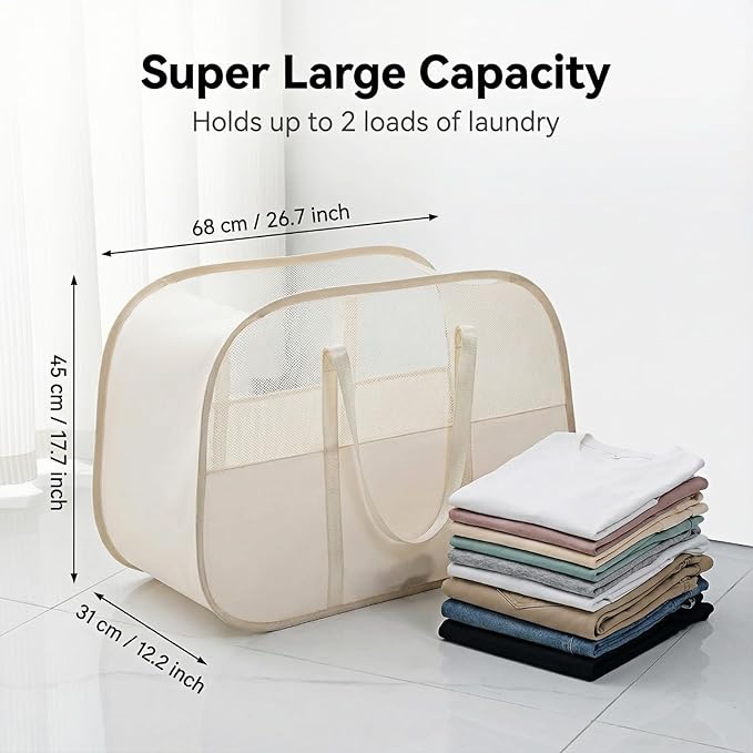 Foldable Laundry Basket with Mesh Window, Large Capacity 95L Dirty Clothes Hamper with Handles, Sturdy Steel Frame,Collapsible Laundry Hamper for Bedroom,Bathroom,Home,Dorm (Beige)