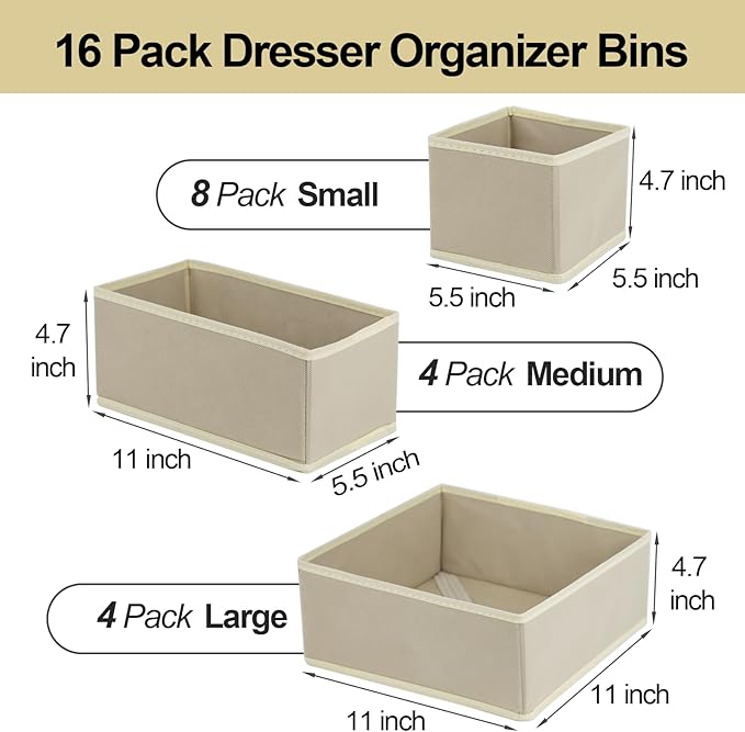 Fordonral 16 Pack Drawer Organizer Clothes, Foldable Fabric Dresser Organizer Closet Organizers and Storage Box for Underwear,Folded Clothes,Baby Clothing,Socks,Bra,Towels,Ties(Beige)