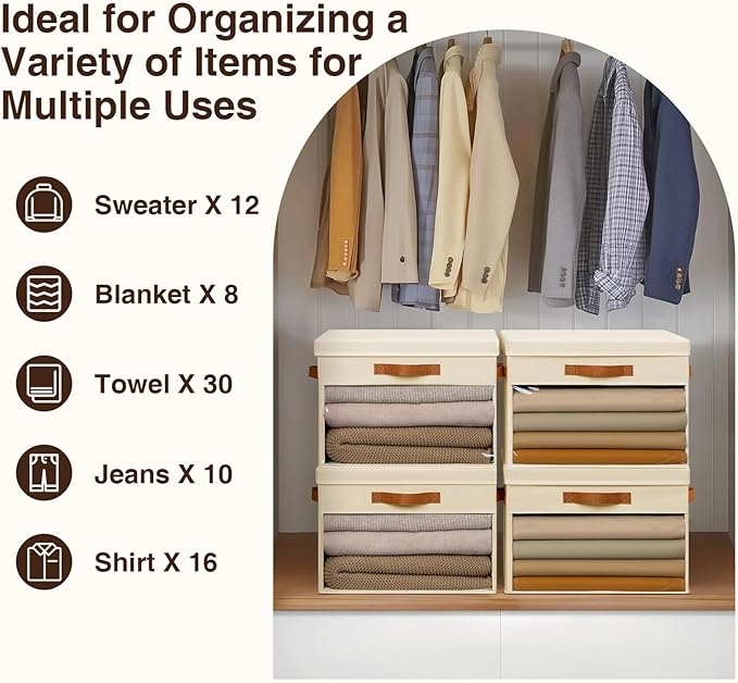 Homsorout Large Storage Bins with Lids - 4 Pack Foldable Decorative Organizers with Clear Windows & Handles, Cube Storage Organizers for Clothes, Blankets, Sweaters, Sheets, Beige