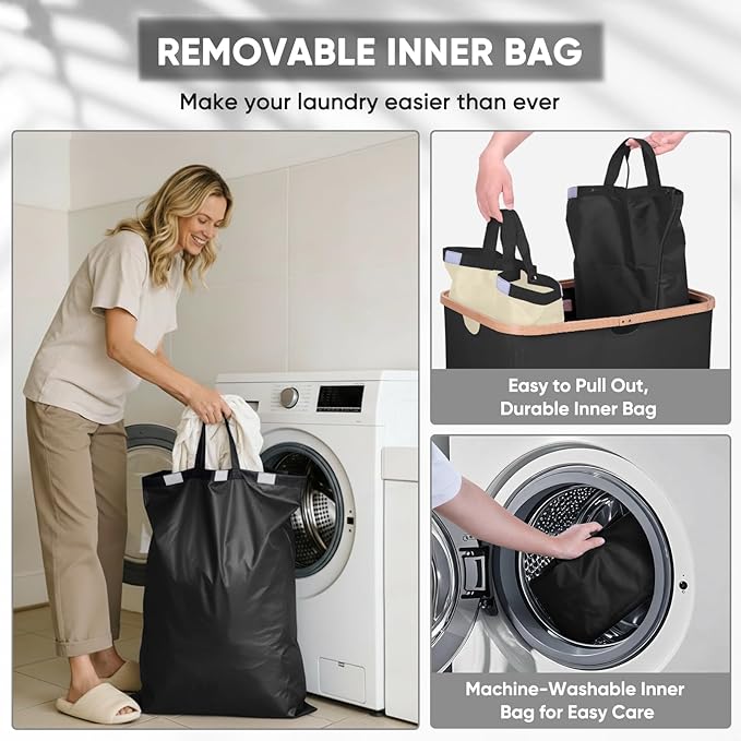 BALEINE Laundry Hamper with Lid, Tall Laundry Baskets with Bamboo Pull Handles, Large Laundry Bin with Internal Support (36 Gal/140L, Black)