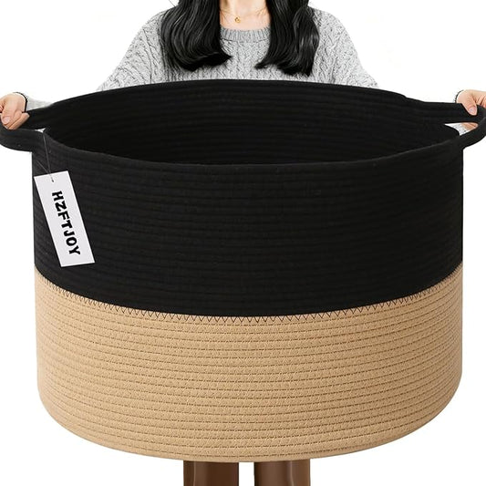 65L Large Blanket Basket,Woven Rope Laundry Basket Hamper with Handles,Decorative Nursery Basket Storage Bin for Toys, Pillows , Clothes Organizer, Living Room, Bedroom, Bathroom, Black&Camel