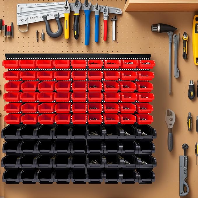 Wall Mounted Storage Bins, Nut and Bolt Organizer, Plastic Bolt Bin, Screw Organizer, Storage Bins for Garage (RED+BLACK, EXTRA LARGE(90PCS))