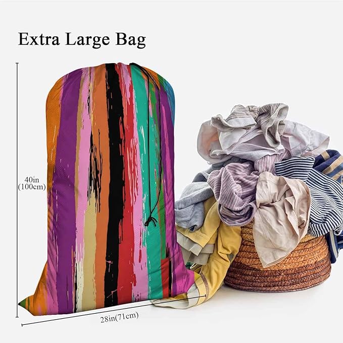 Swono Rainbow Colors Large Laundry Collapsible Laundry Bag Grunge Colorful Stripes Strokes Paint Splashes Foldable Laundry Hamper Bag