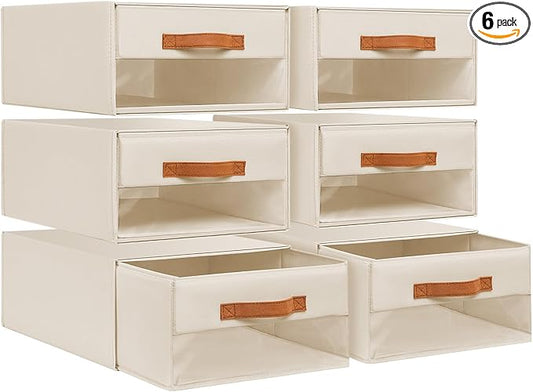 DIMJ Closet Organizers and Storage - Foldable Storage Bins with Drawers Fabric Stackable Storage Drawers with Clear Window,Fabric Clothes Organizers and Storage Drawers for Closet, 6-Pack, Beige