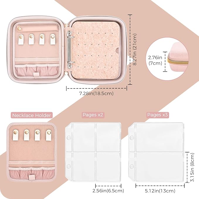 ProCase Medium Travel Jewelry Organizer Case, Jewellery Home Storage Book Ring Binder with Clear Pockets for Presentation, Zippered Pouch Bag for Earrings Necklaces Bracelets -Pink