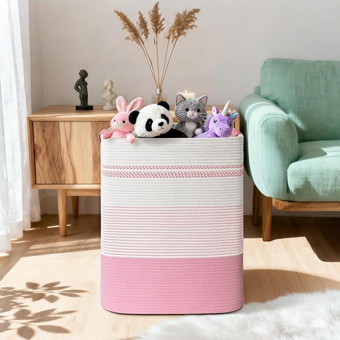 Laundry Hamper, 85L Tall Laundry Basket with Leather Handles, Rectangle Large Clothes Hamper for Organizing, Cotton Woven Laundry Baskets Storage Hampers for Bedroom, Nursery, Living Room