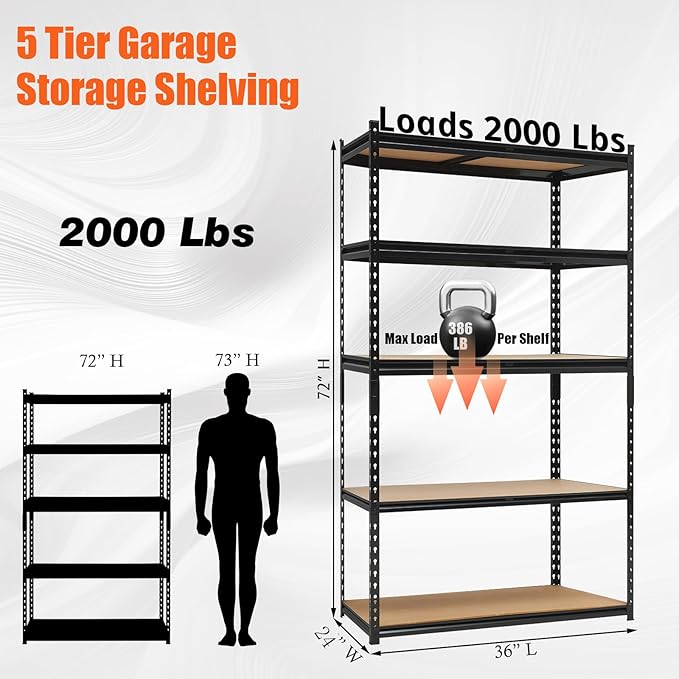 36x24x72 Heavy Duty Garage Storage Shelves,5-Tier Adjustable Metal Shelving Units, 2500 LBS Load Capacity Industrial Utility Storage Racks for Warehouse Pantry Shed Basement Garage Organization