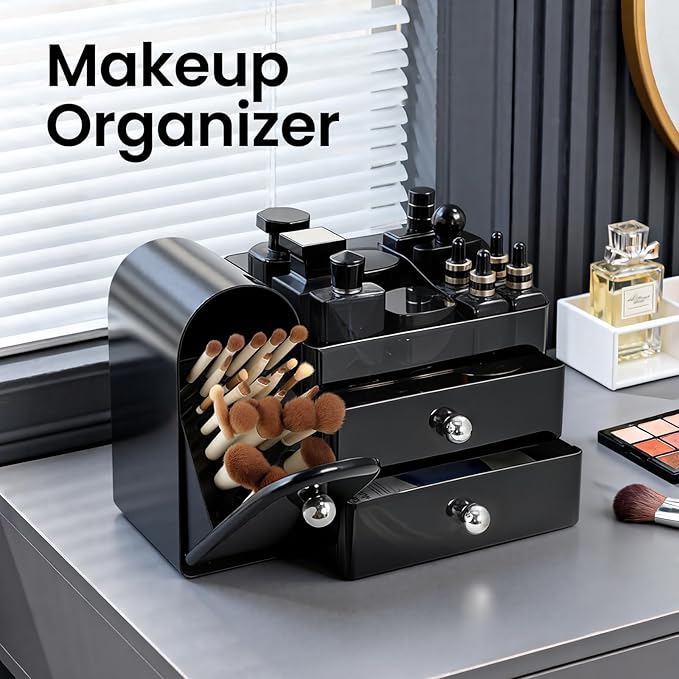 Makeup Organizer,Vanity Organizer with Makeup Brush Holder,Large Skincare Organizers with Drawers,Bathroom Countertop Organizer,Storage Lipstick,Perfume,Nail Polish,Beauty,Mothers Day Gifts