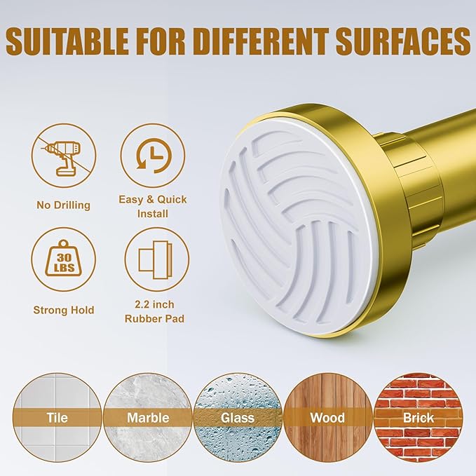 Ausemku Shower Curtain Rod 32-65 Inch Adjustable - 1 Inch Diameter Heavy Duty No drill Spring Tension Shower Rod, Non-Slip Rustproof Telescopic Rod for Bathroom, Gold