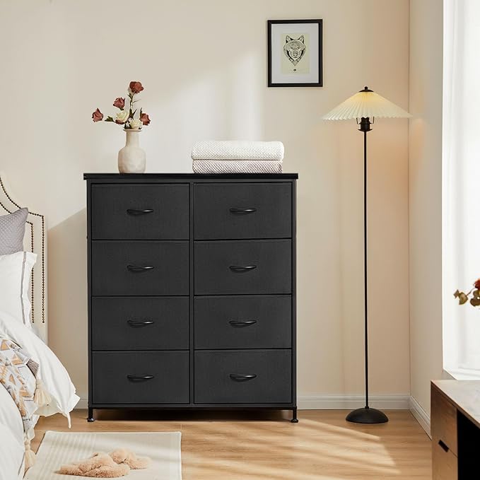DUMOS 8 Drawer Dresser for Bedroom, Fabric Storage Organizer with Sturdy Metal Frame, Wooden Top Chest of Drawers for Closet Entryway Guest Room,Matte Black