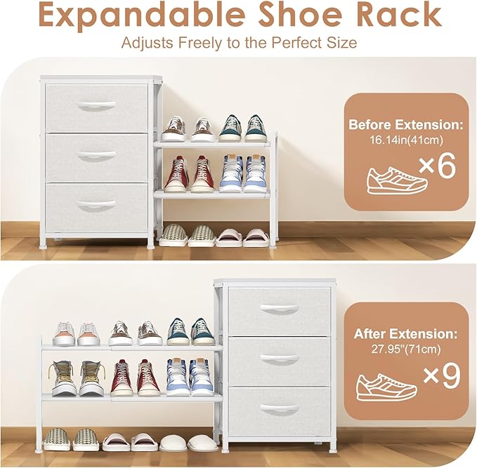 Cidaziya Expandable Closet Organizers and Storage, White Fabric Storage Dresser, 3 Drawer Dresser, Clothes Shelves for Kids, Purse Organizer Small Shoe Rack for Closet Bedroom
