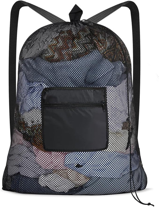 OTraki Mesh Laundry Bag Backpack 24x32 Inch Gym Drawstring Backpack Travel Dirty Clothes Bags with Pocket & Adjustable Shoulder Straps for College Dorm Apartment Don't Drying, Melting 140-176℉ (Black)