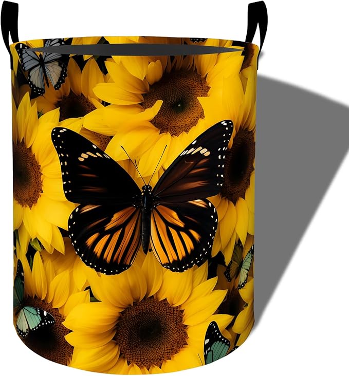 Sunflower Laundry Basket, Butterfly Print Foldable Oxford Cloth, Waterproof Dirty Clothes Hamper with Handles, Clothing Storage Bucket Toy Organizer for Bathroom Bedroom Dorm, 19.7"x15.7"