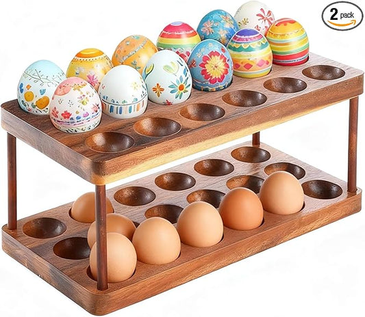 Linwnil Acacia Wood Egg Holder for 36 Eggs, Rustic Countertop and Refrigerator Storage Tray, Farmhouse Kitchen Organizer with 1.5" Holes, Easy Clean Deviled Plates for Easter Decor,11.5" x 5.75" (2)