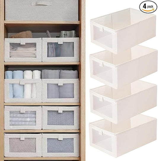 Pradnel Linen Closet Organizers And Storage, 4 Pack Storage Bins Baskets for Organization Foldable Organizer with Clear Window Organizing Clothing, Jeans, Shelves