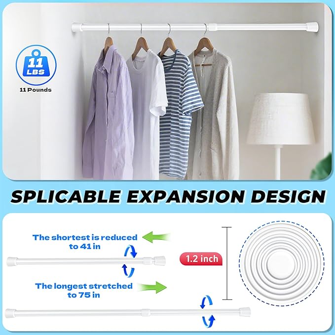 2 Pack White Tension Rods, 41"-75" Adjustable Shower Curtain Rods, Heavy Duty No Drilling Rod, 11lbs Max Load, 1.2" End Cap, 19/22mm Tube, Metal, for Bathroom, Window, Bedroom, Doorway, Closet