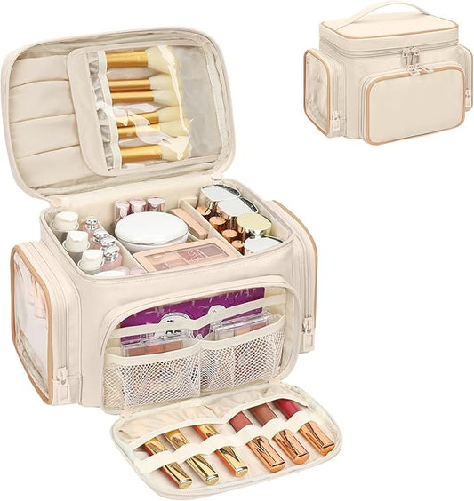Bagmoly Large Makeup Bag, Portable Travel Makeup Bag Organizer for Women Girls with Makeup Brush Compartment & Two Side Pockets, Cosmetic Travel Bag Vertical Storage Toiletry - White