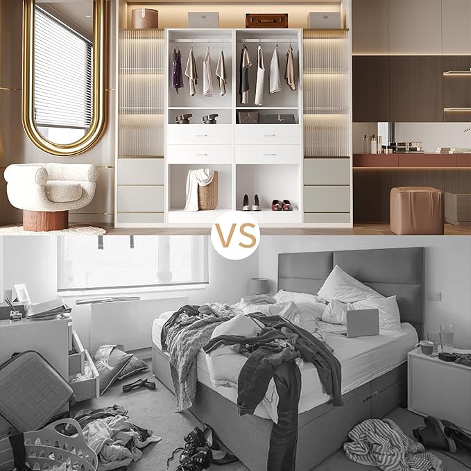 VOWNER 25'' Freestanding Closet System with Drawers & Hanging Rod, Wood Closet Organizer System, Walk-in Closet Shelving Unit, Clothes Garment Rack, Armoire Wardrobe Closet Bedroom Entryway