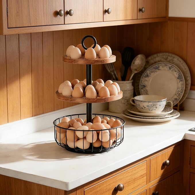 3-Tier 360° Rotating Egg Holder with 24+40 Egg Capacity - Rustic Farmhouse Kitchen Counter Organizer, Tiered Egg Storage Rack with Ventilated Wooden Trays & Metal Basket for Easter Eggs, Fresh Eggs
