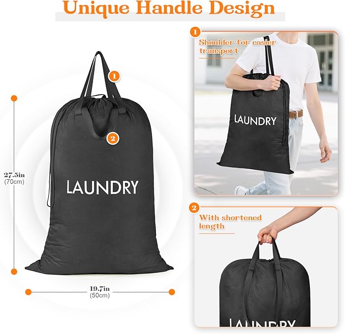 Heavy Duty Laundry Bag, Washable Nylon, Splash-Resistant Dirty Clothes Storage Bag with Drawstring & Handles丨Lightweight, Foldable & Space-Saving for College Dorm, Camping, Trips, Suitcase, 50L
