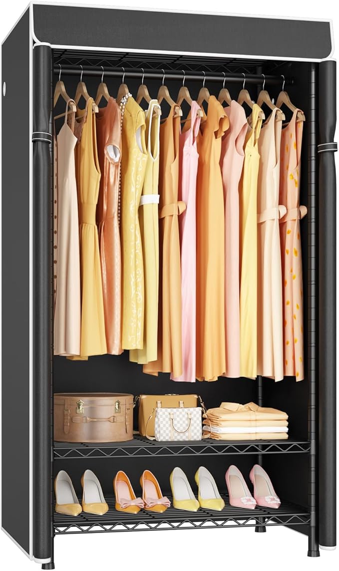 ULIFHOME H5C Clothes Rack with Cover, Portable Closet for Hanging Clothes, Covered Clothing Racks Heavy Duty, Freestanding Garment Racks with Shelves Max Load 360LBS Black Closet Rack with Black Cover