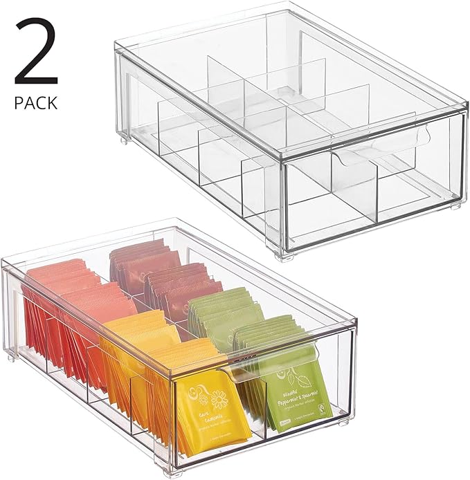 mDesign Plastic Kitchen and Pantry Organizer with Divided Drawer - Stackable Bin with 8 Sections for Tea and Snack Food - Perfect for Organizing Cabinet, Fridge - Lumiere Collection - 2 Pack - Clear