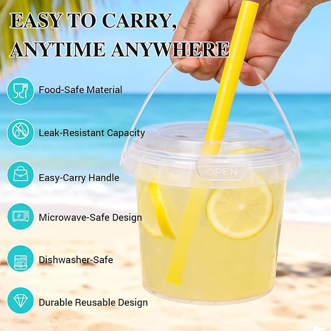 ASEVAT 10 Pack 34oz Clear Plastic Drink Buckets with Dual-Lid System, Reusable 1L Cups with Lids and Straws, Leakproof Bucket Cups for Boba Bubble Tea, Smoothies, Iced Coffee